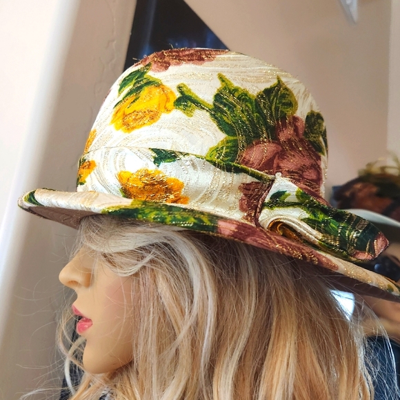60's Vtg Union Made Cream Floral Shabby Lurex Quirky Spring Garden Church Hat - Picture 13 of 16